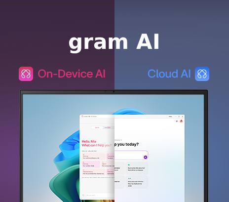 Una imagen de pantalla dividida que muestra "Hybrid AI" con dos modos distintos: "On-Device AI" a la izquierda, representado por un ícono rosa, y "Cloud AI" a la derecha, representado por un ícono azul. La pantalla exhibe una interfaz de AI, simbolizando una funcionalidad fluida de inteligencia artificial en ambos modos.